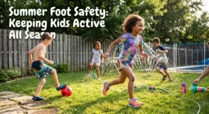 kids playing outside in the summer backyard by the sprinklers