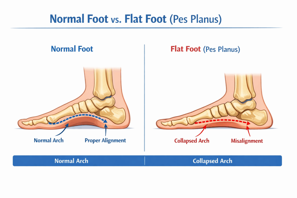 image displays a side by side of a normal foot vs a foot showing flat feet condition