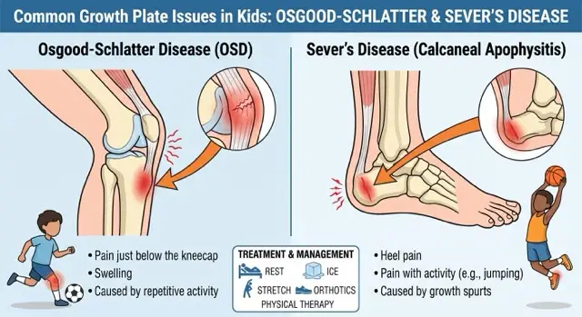 Graphic showing Osgood-Schlatters vs severs disease in kids