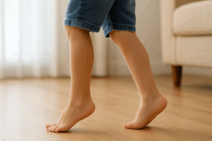 Close-up of a child walking on tiptoes indoors, illustrating pediatric toe walking condition, used by Pediatric Foot & Ankle