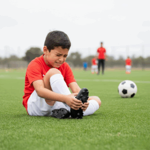 image a young boy on the green soccer field sitting hold his foot its in pain