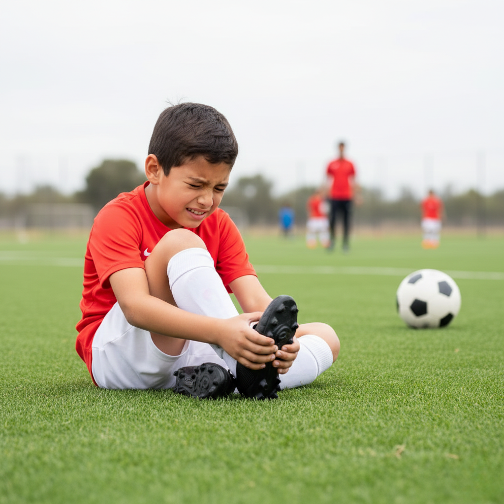 image a young boy on the green soccer field sitting hold his foot its in pain
