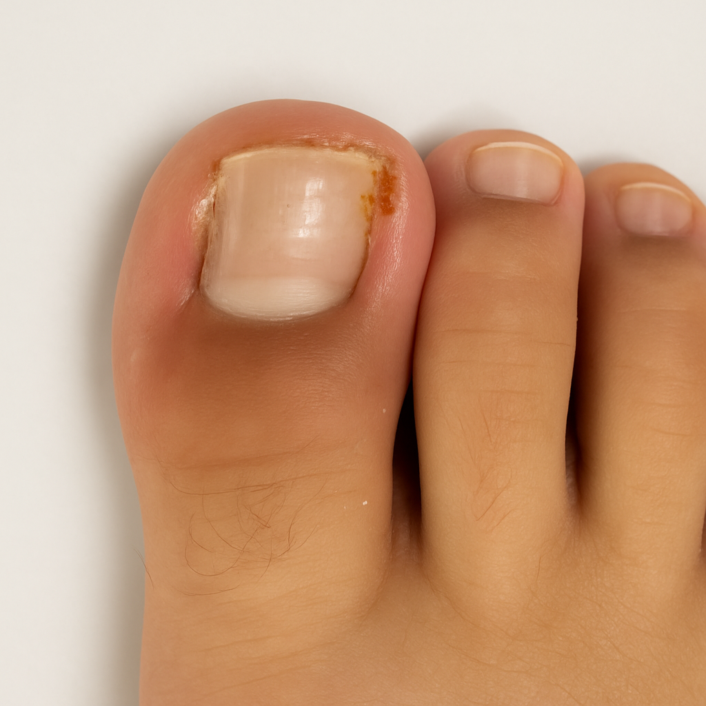 Close-up photo of a big toe with an ingrown toenail showing redness and irritation against a neutral background