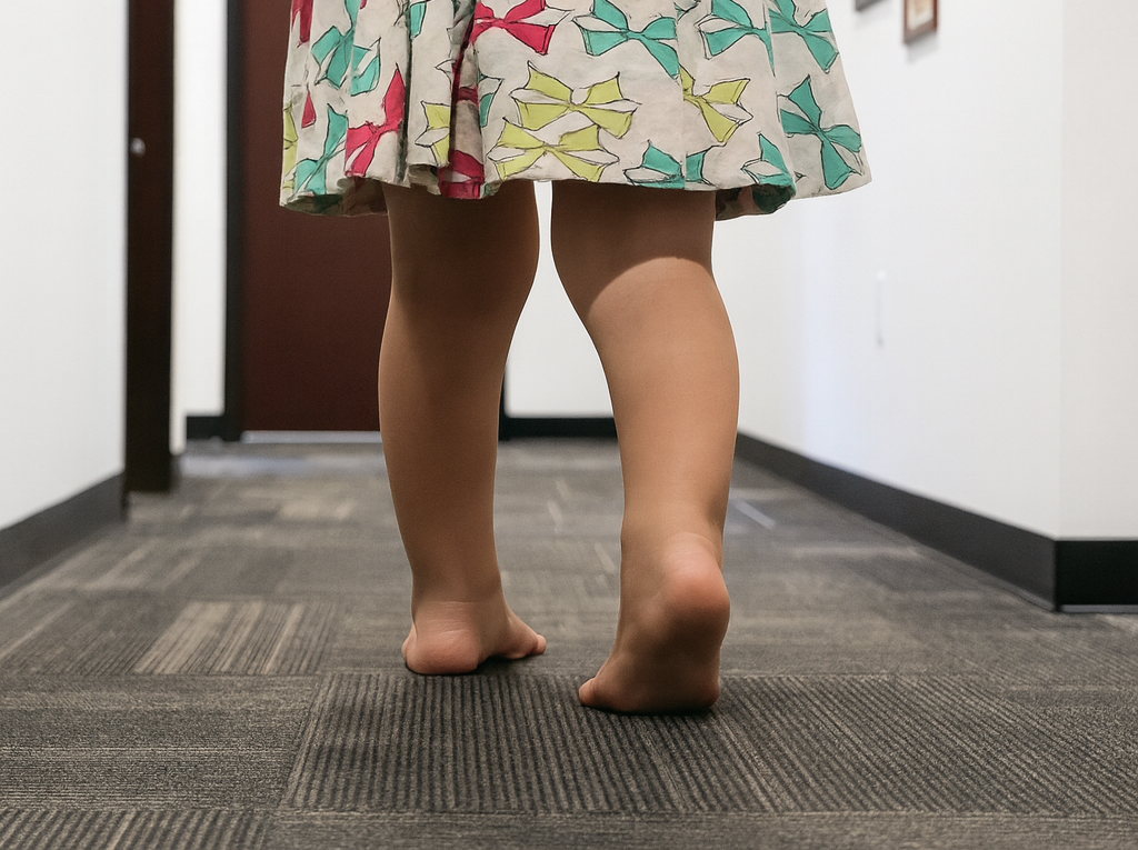 Child demonstrating pigeon-toed gait while walking in a pediatric foot and ankle clinic hallway, showing signs of intoeing.