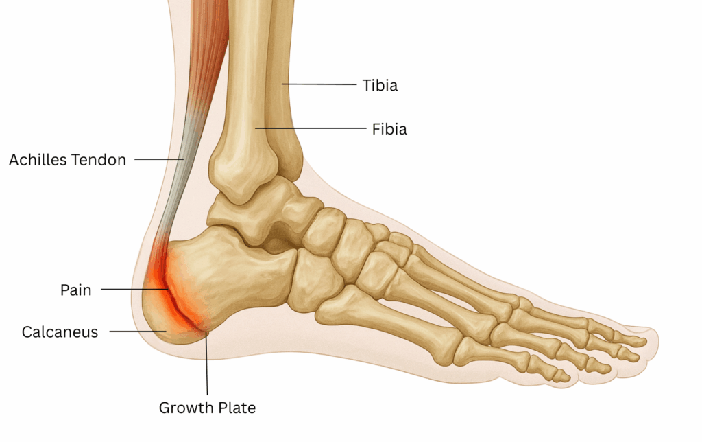 3D medical illustration of the foot showing Sever’s Disease, highlighting the calcaneal growth plate and the Achilles tendon attachment with a red inflamed pain area at the back of the heel.